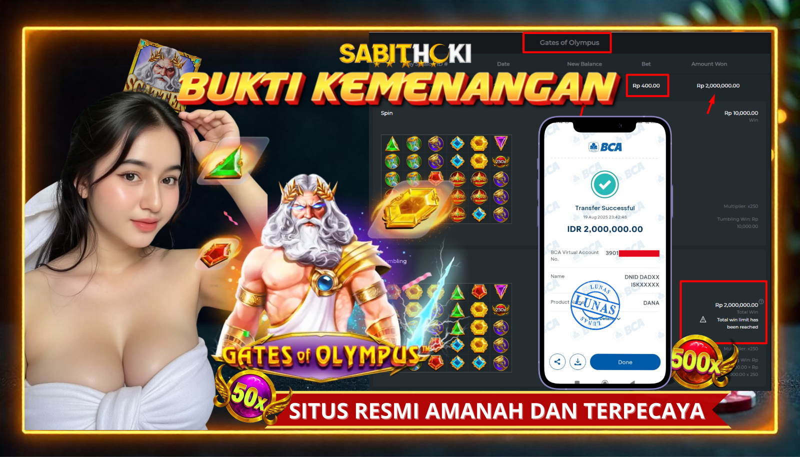 SELAMAT KEPADA MEMBER SETIA SABITHOKI YANG BERHASIL JACKPOT DI PERMAINAN GATES OLYMPUS